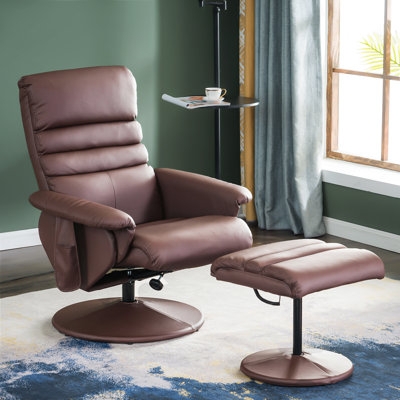 Chocolate Brown Ribbed Swivel Recliner with Ottoman Set
