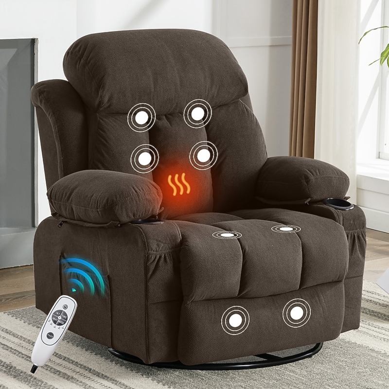 Chocolate Brown Swivel Massage Recliner with Cup Holders