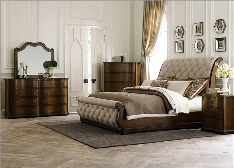 Cinnamon Finish Sleigh Bed with Diamond Tufting and Herringbone Floor