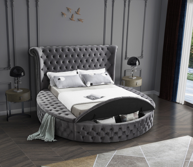 Circular Bed Grey Velvet Lift Top Storage Tufted Wingback