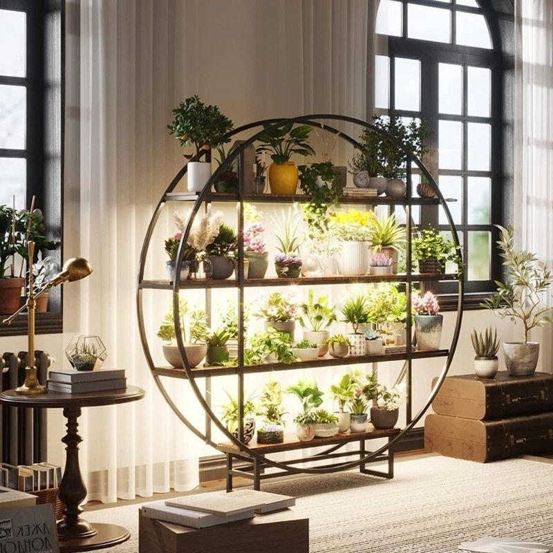 Circular Plant Stand Integrated Lighting Metal & Wood Frame