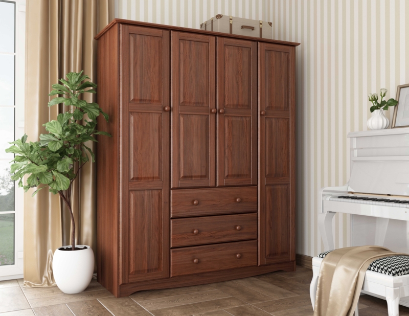 Classic 4-Door Wood Wardrobe Armoire with Central Drawers