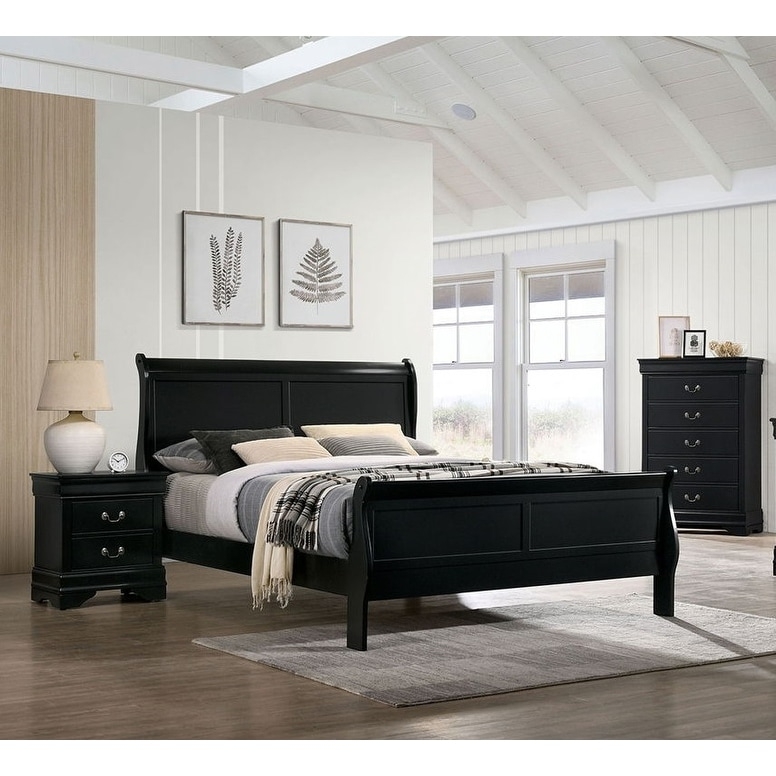 Classic Black Sleigh Bed Frame with Paneled Footboard