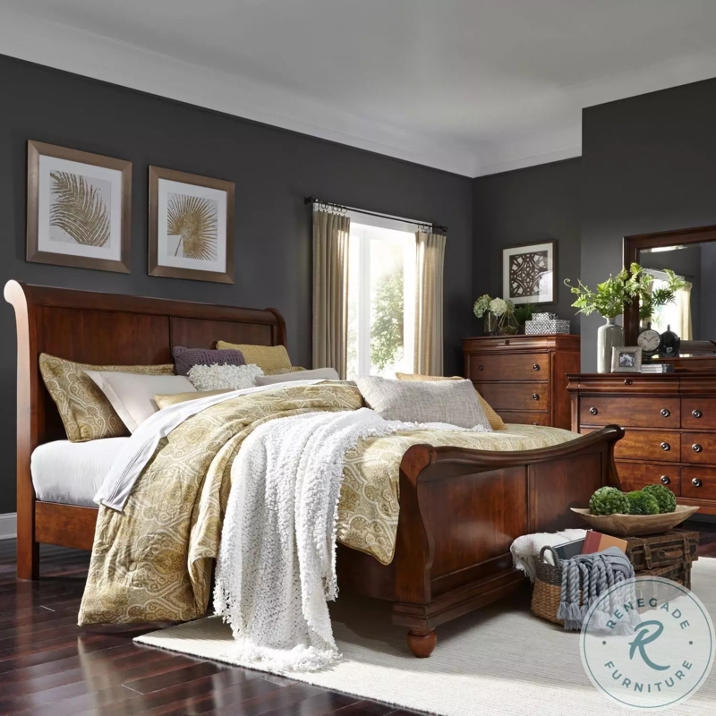 Classic Dark Wood Sleigh Bedroom Set with Turned Bun Feet Traditional