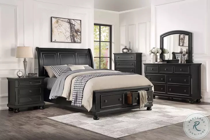 Classic Sleigh Bed with Storage Drawers and Bun Feet