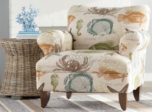 Coastal Accent Chair featuring Sea Life Print and Rolled Arms