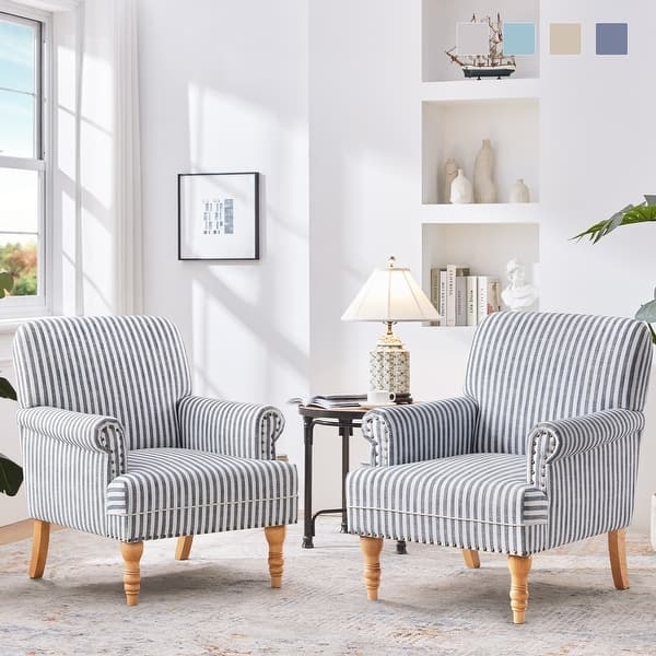Coastal Accent Chair with Blue Striped Upholstery and Turned Legs