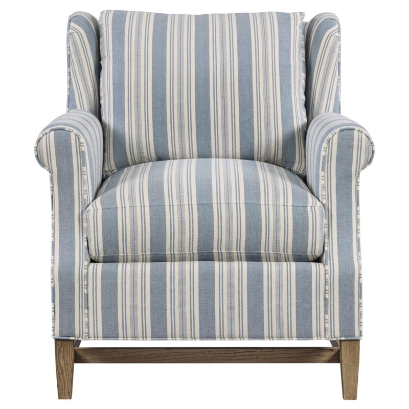 Coastal Armchair Blue White Vertical Stripes Wood Base
