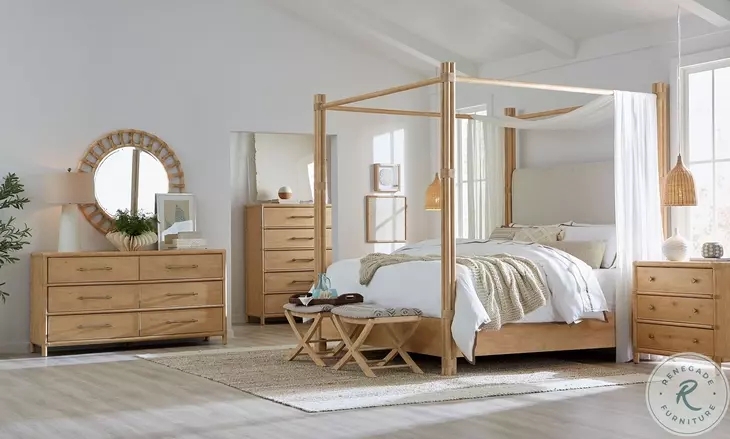 Coastal Canopy Bed with Pole Rattan Frame and Draped Fabric Canopy