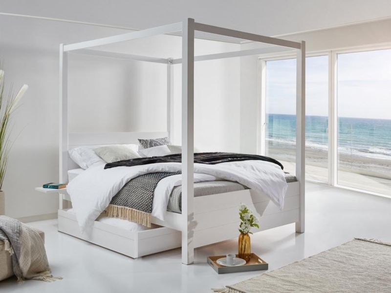 Coastal Canopy Bed with Underbed Storage Drawer & Floating Shelf