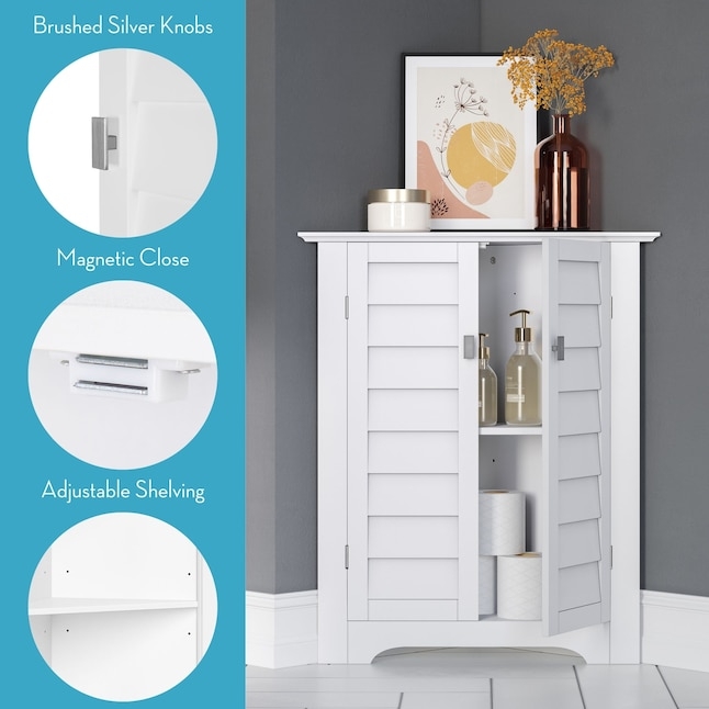 Coastal Corner Linen Cabinet with Louvered Doors and Silver Knobs