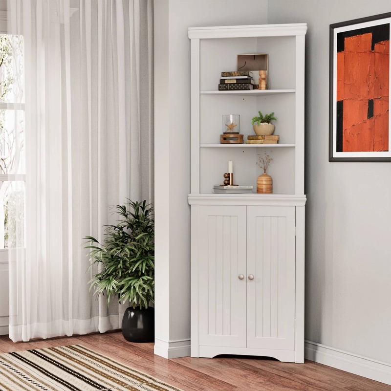 Coastal Farmhouse Corner Bookcase Beadboard Doors Open Shelving
