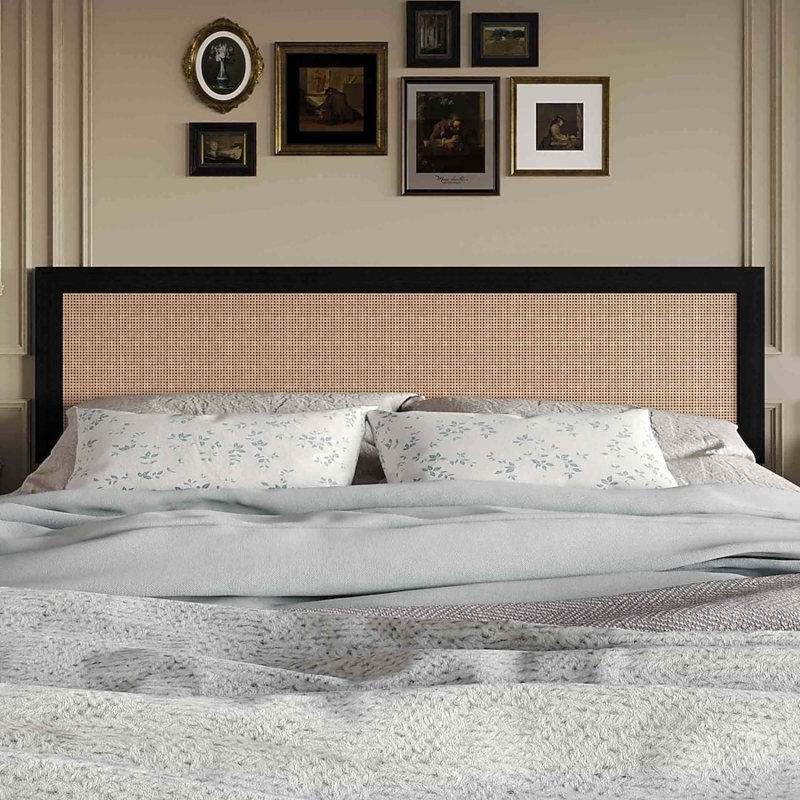 Coastal Modern Headboard with Woven Cane Inlay and Black Frame