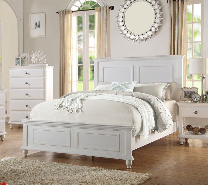 Coastal Panel Bedroom Set White Finish Bun Feet Sunburst Mirror