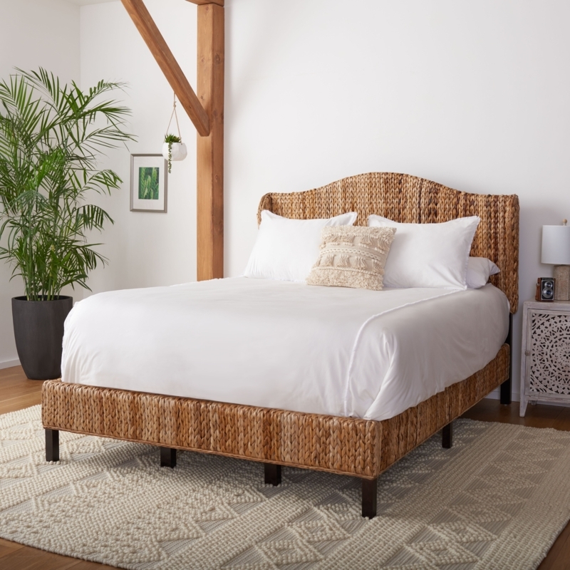Coastal Rattan Bed Camelback Headboard Woven Wicker Frame