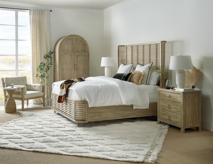 Coastal Rattan Bed featuring High Slatted Headboard and Woven Base
