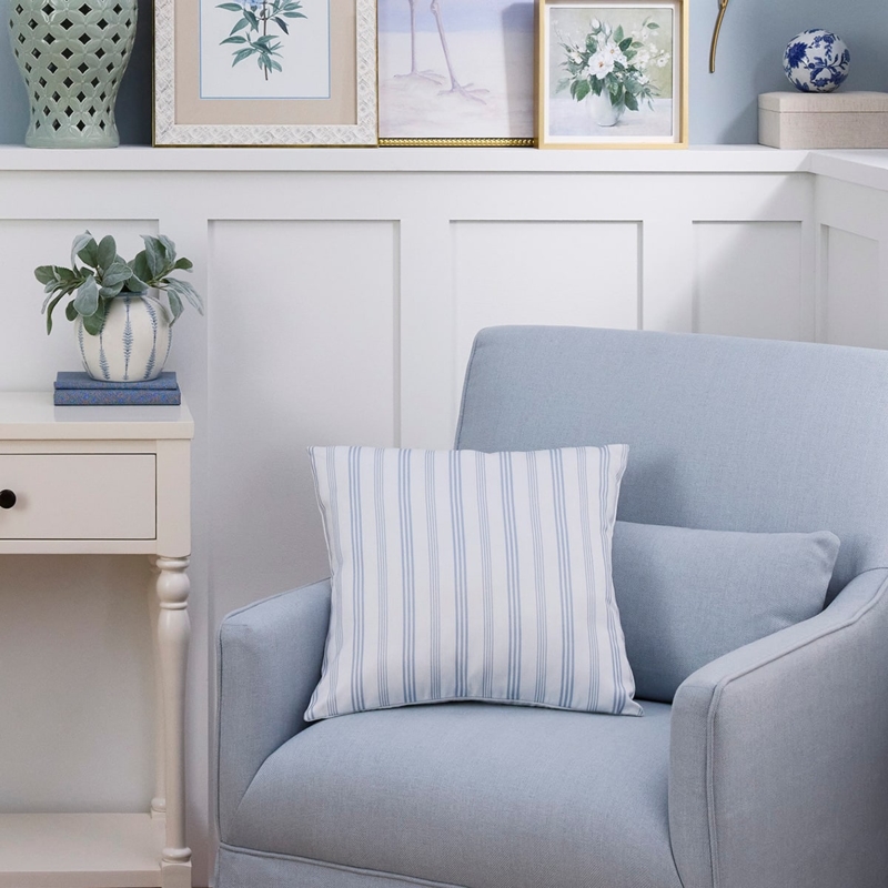 Coastal Swivel Accent Chair, Light Blue Skirted with Striped Pillow