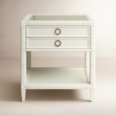 Coastal White Nightstand Woven Texture Glass Top Ring Pulls