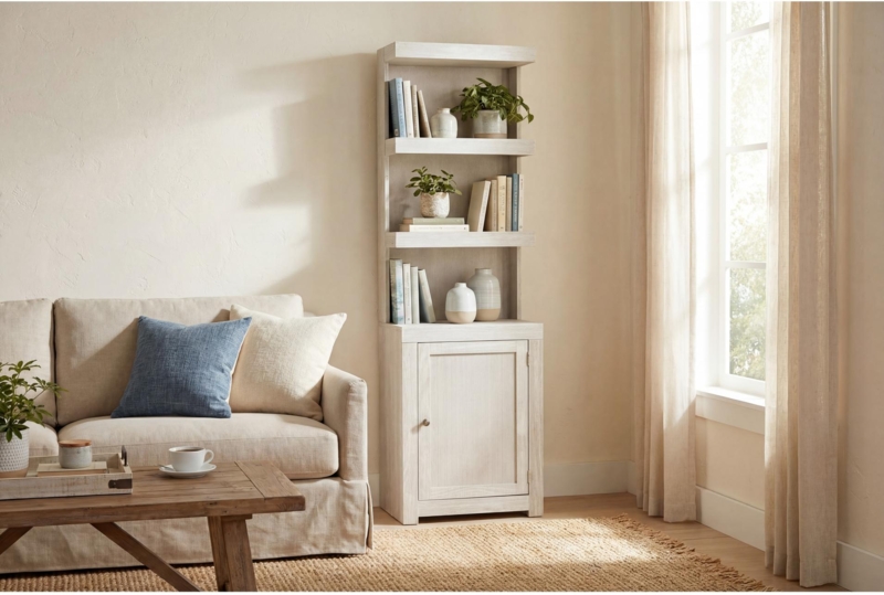 Coastal Whitewashed Wood Bookcase with Shaker Door Cabinet, Narrow