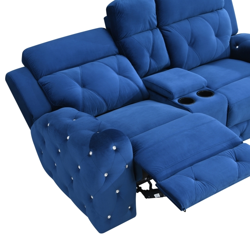 Cobalt Blue Reclining Loveseat with Console and Crystal Button Details