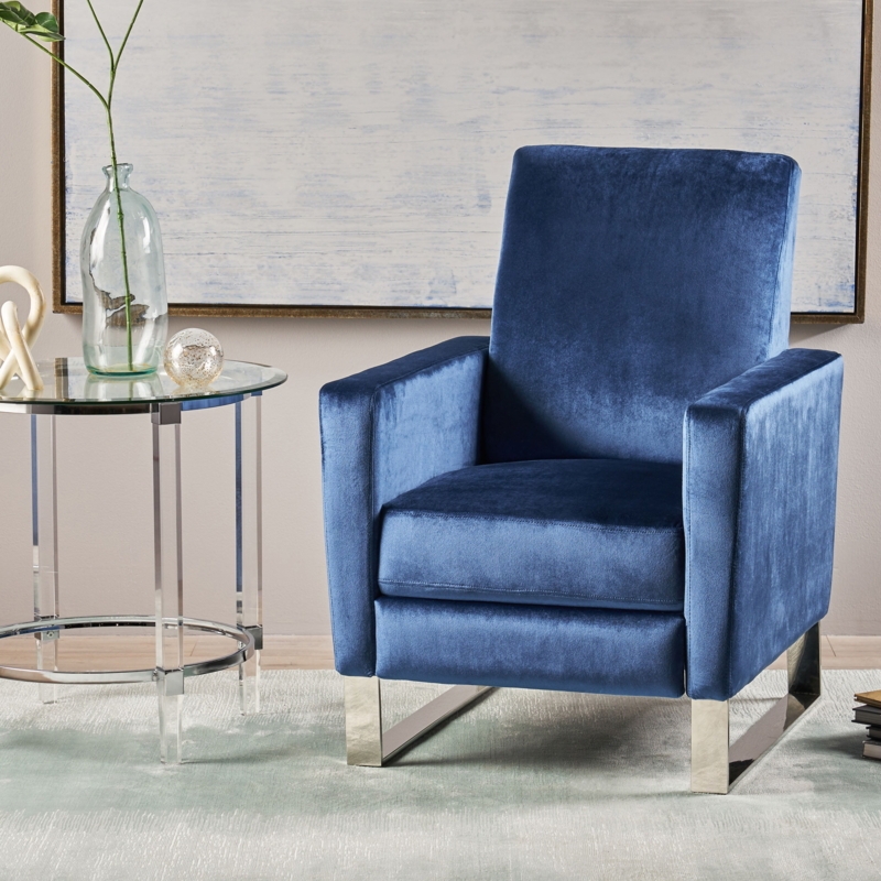 Cobalt Blue Velvet High Leg Recliner with Polished Silver Sled Base