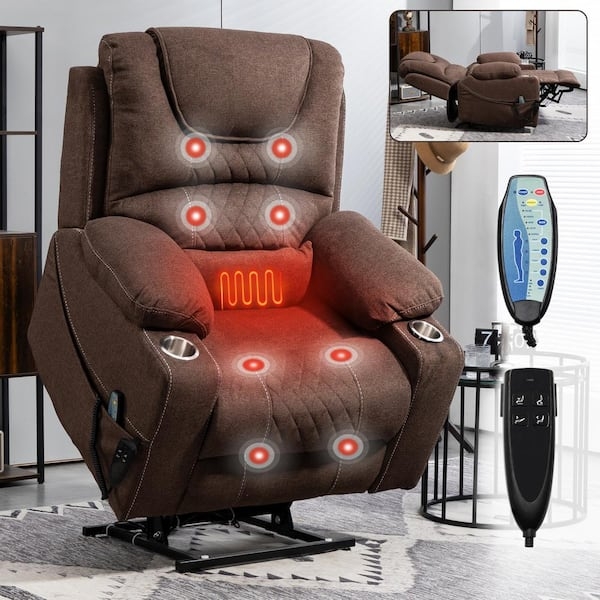 Coffee Brown Lift Recliner with Cup Holders, Heat Massage