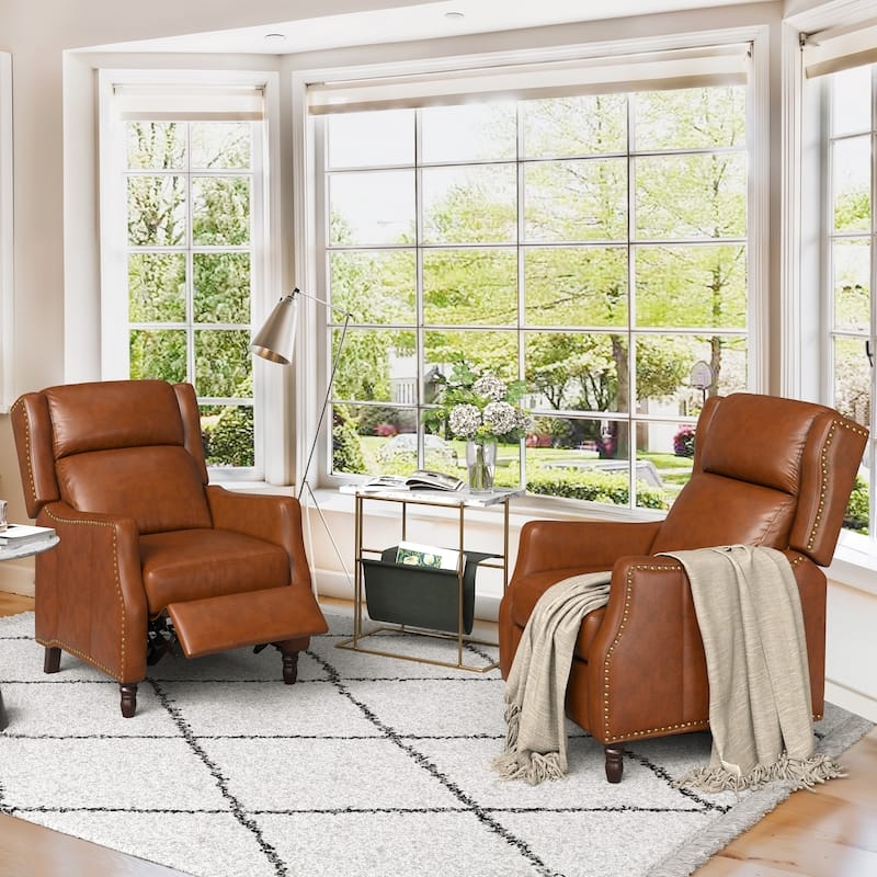 Cognac Brown Leather Like Push Back Recliner Chair Set