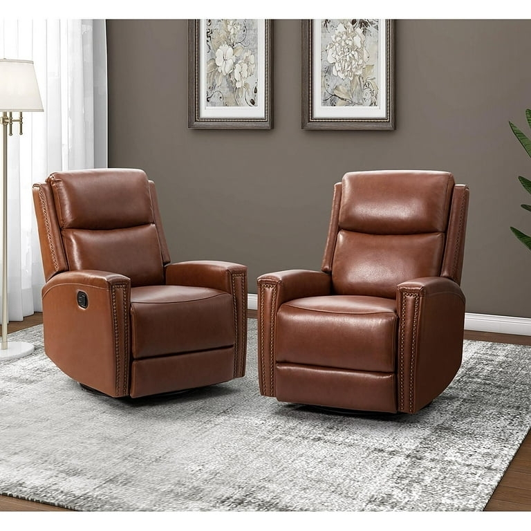 Cognac Brown Swivel Rocker Recliner Manual Lever Nailhead Trim