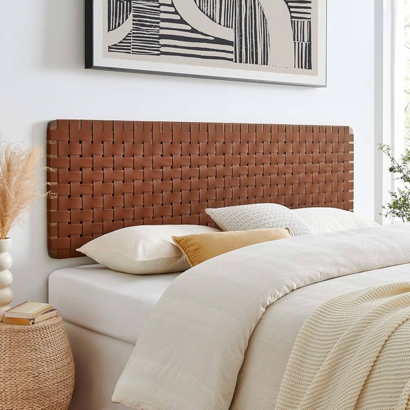 Cognac Brown Wall Mount Headboard with Oversized Basketweave Texture