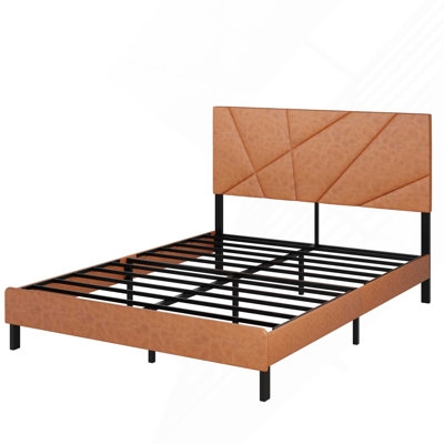 Cognac Faux Leather Bed Geometric Stitching High Profile Headboard Metal Slats