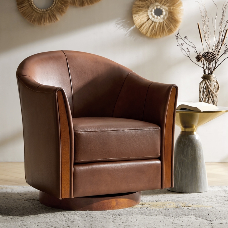 Cognac Faux Leather Swivel Barrel Chair with Vertical Wood Trim