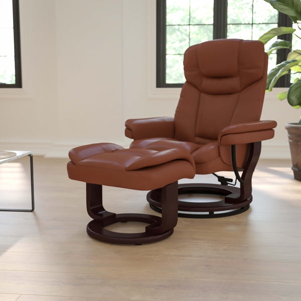 Cognac Faux Leather Swivel Recliner with Mahogany Wood Base