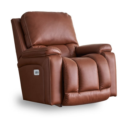 Cognac Leather-Like Power Recliner with Contrast Stitching and Lumbar