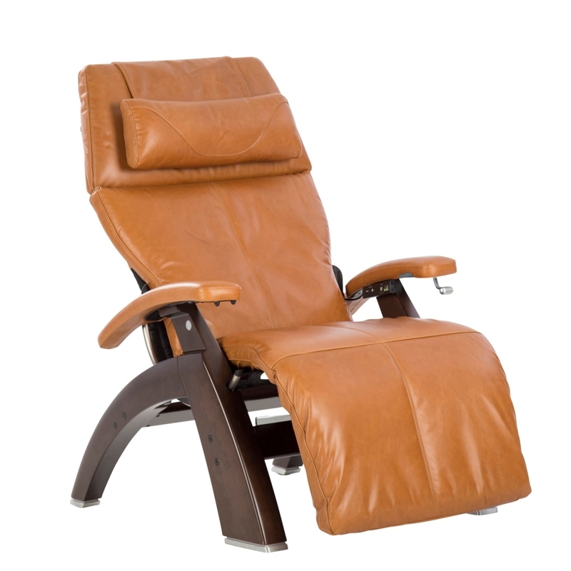 Cognac Leather Manual Recliner with Arched Walnut-Toned Base