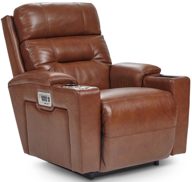 Cognac Leather Power Recliner with Dual Cupholders and Rocker Base