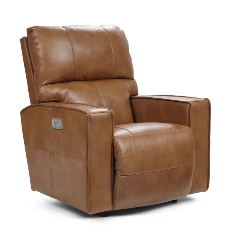 Cognac Leather Power Recliner with Square Track Arms and Lumbar Support