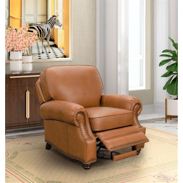 Cognac Leather Recliner Chair with Nailhead Trim & Rolled Arms