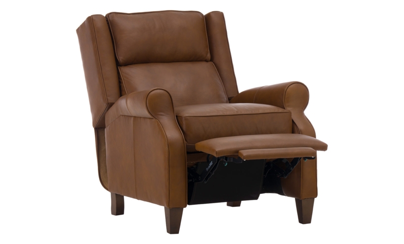Cognac Leather Recliner: Wingback Push Back, Tapered Wooden Legs