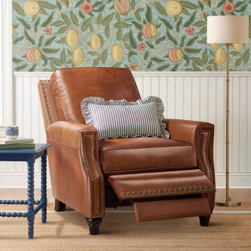 Cognac Leather Recliner with Rolled Arms and Bun Feet