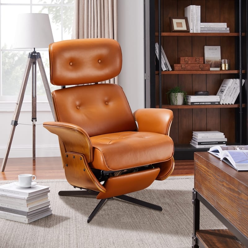 Cognac Leather Swivel Recliner with Wood Shell & Tufted Back