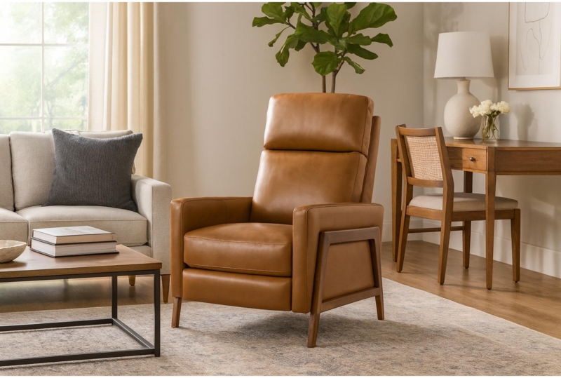 Cognac Push-Back Recliner with Exposed Wood Side Frame