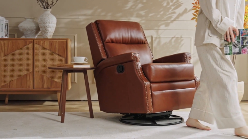 Cognac Swivel Glider Recliner with Nailhead Trim