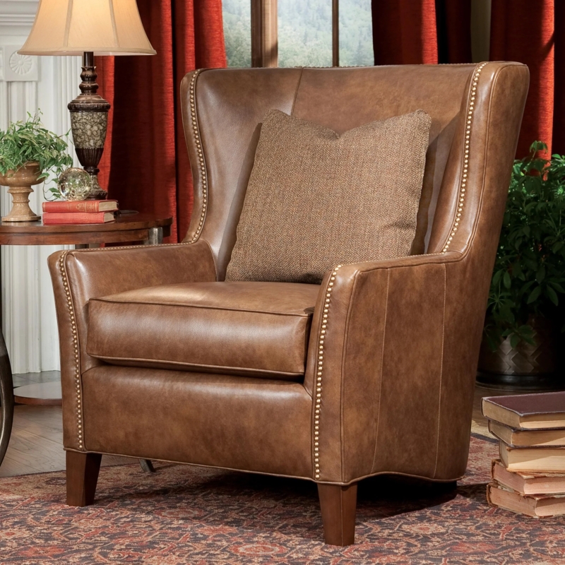 Cognac Wingback Chair Faux Leather Track Arms Nailhead Trim