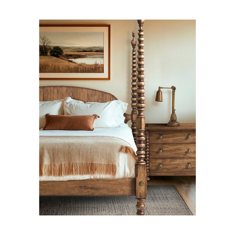 Colonial Four Poster Bed Warm Brown Bobbin Style Turned Posts
