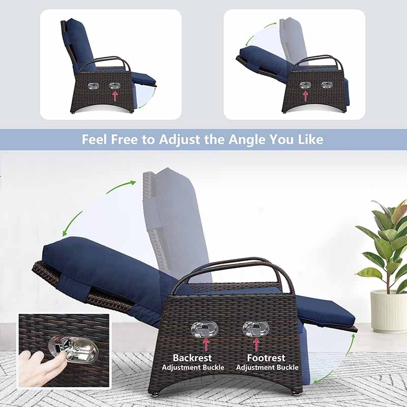 Comfort Meets Functionality: Wicker Recliner with Flip Side Table Navy Blue