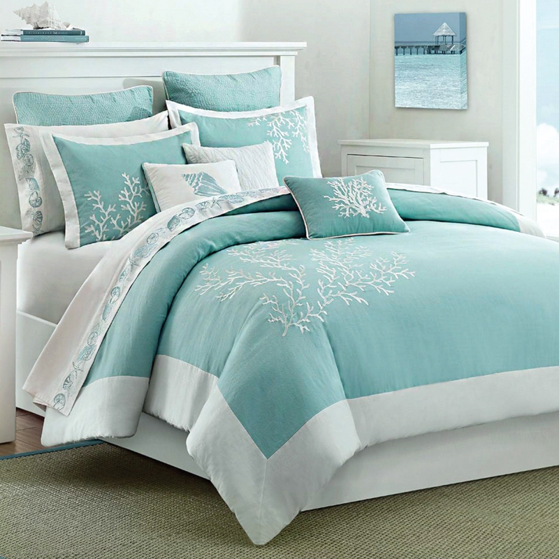 Comforter Set Coral Reef Embroidery with Fringed Shams Teal Palette