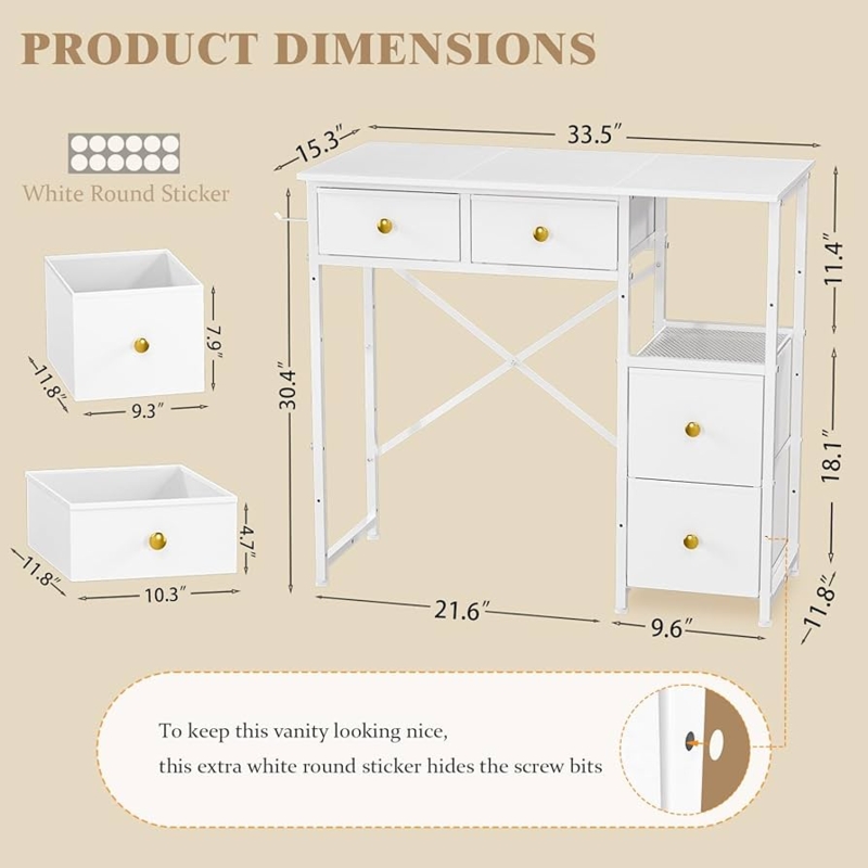 Compact Dressing Table White with Side Mesh Shelf and Fabric Drawers