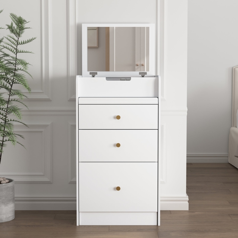 Compact Makeup Vanity with Flip-Top Mirror & Gold Knobs