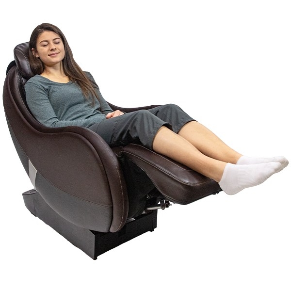 Compact Massage Chair with Curved Side Panels and Cocoa Upholstery