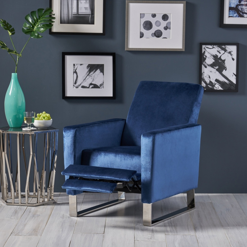 Compact Navy Velvet Recliner Chair with Polished Silver Sled Legs